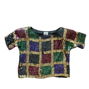 Vintage Cee Cee Sequin Cropped Party Top Multicolor Beaded Women’s Small
